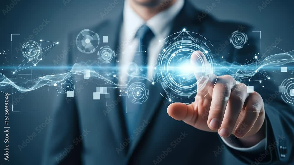 Poster man touching futuristic interface with digital network technology