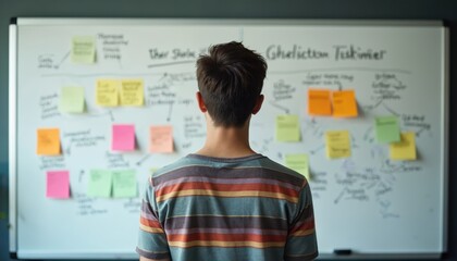 Man stands near agile project management whiteboard. User stories prioritized with sticky notes for scrum, sprint, planning, iteration, team collaboration, development, task.
