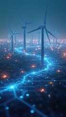 Fototapeta premium Futuristic illustration of wind turbines with glowing city, representing eco-friendly energy. Image visualizes AI-powered energy management solutions for optimization, sustainability, carbon
