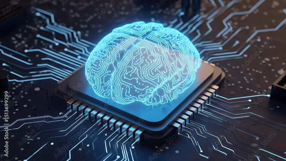Poster glowing brain circuit board on processor chip - technology concept