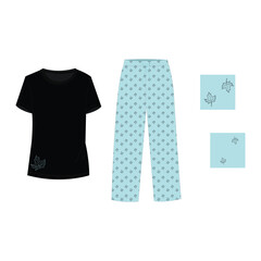 Women’s Pajamas, Sleep wear, Fashion Flat Sketch Vector Illustration, CAD, Technical Drawing, Flat Drawing, Template, Mockup.
