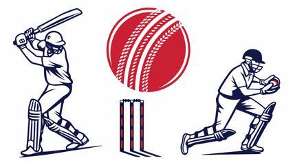 Cricket Line Art &ndash; Batsman, Bowler, Ball, Stumps, Game Moments