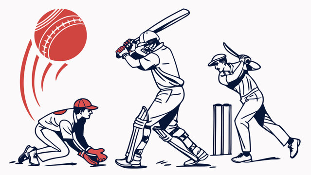 Cricket Line Art &ndash; Batsman, Bowler, Ball, Stumps, Game Moments