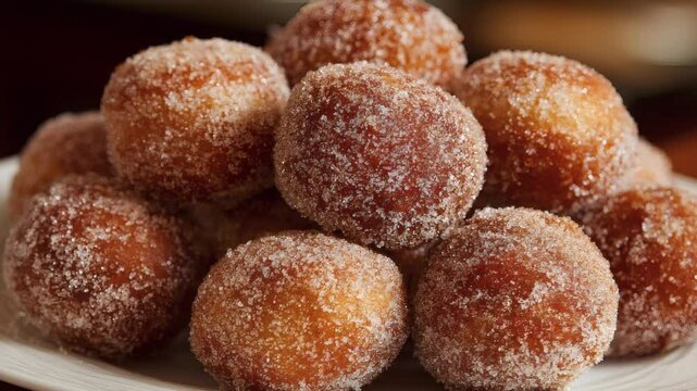 A delightful pile of sugar-coated donut holes sits invitingly on a white plate, perfect for a sweet treat or a quick dessert. (zoom out)