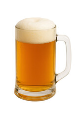 Glass mug of cold beer with overflowing foam, isolated on transparent background. Refreshing alcoholic drink perfect for party, Oktoberfest, summer, pub, or bar design, clipping path