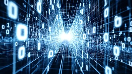 Augmented reality grid where 1s and 0s float up forming complex digital holograms - Powered by Adobe