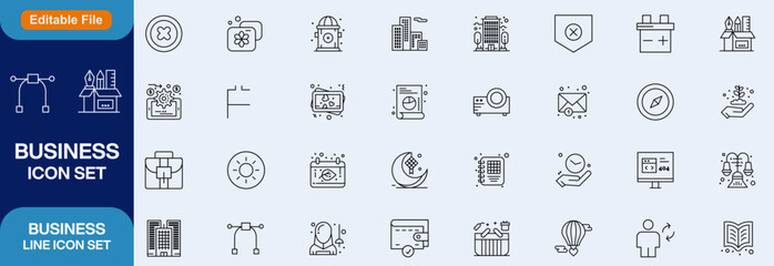 Business  line editable icon set. Containing seminar, presentation, meeting, whiteboard, conference, business plan and more. Vector illustration