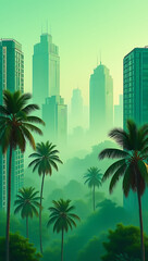 Fototapeta premium Serene green cityscape with palm trees and foggy skyline at dawn