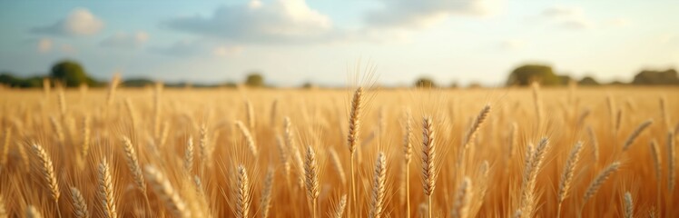 Golden wheat field ready for harvest at sunset. Ripe wheat crops with yellow, gold, orange hues. Food supply. Agriculture, farming. Wheat farm landscape. Concept of healthy eating, organic food