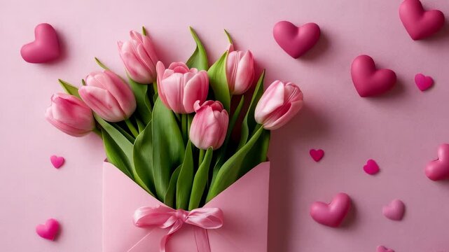 Pink tulips emerging from a pink envelope are surrounded by small pink hearts on a pink background, creating a festive scene for mother's day