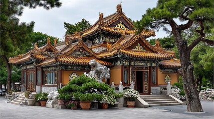 Fototapeta premium Beautifully detailed chinese building with green tiled roof high resolution photo