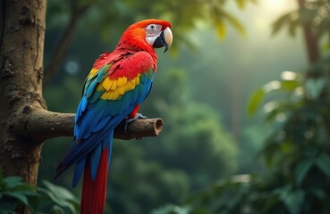 Vibrant AI-generated illustration depicts colorful parrot perched on tree branch, observing rich jungle. Exotic bird bright feathers contrast with blurred green backdrop. Wildlife tropical scenery.