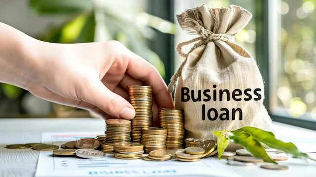 Money bag with text Business loan, coins and document on the table. Hand take some coin from stack. Success in credit approval concept