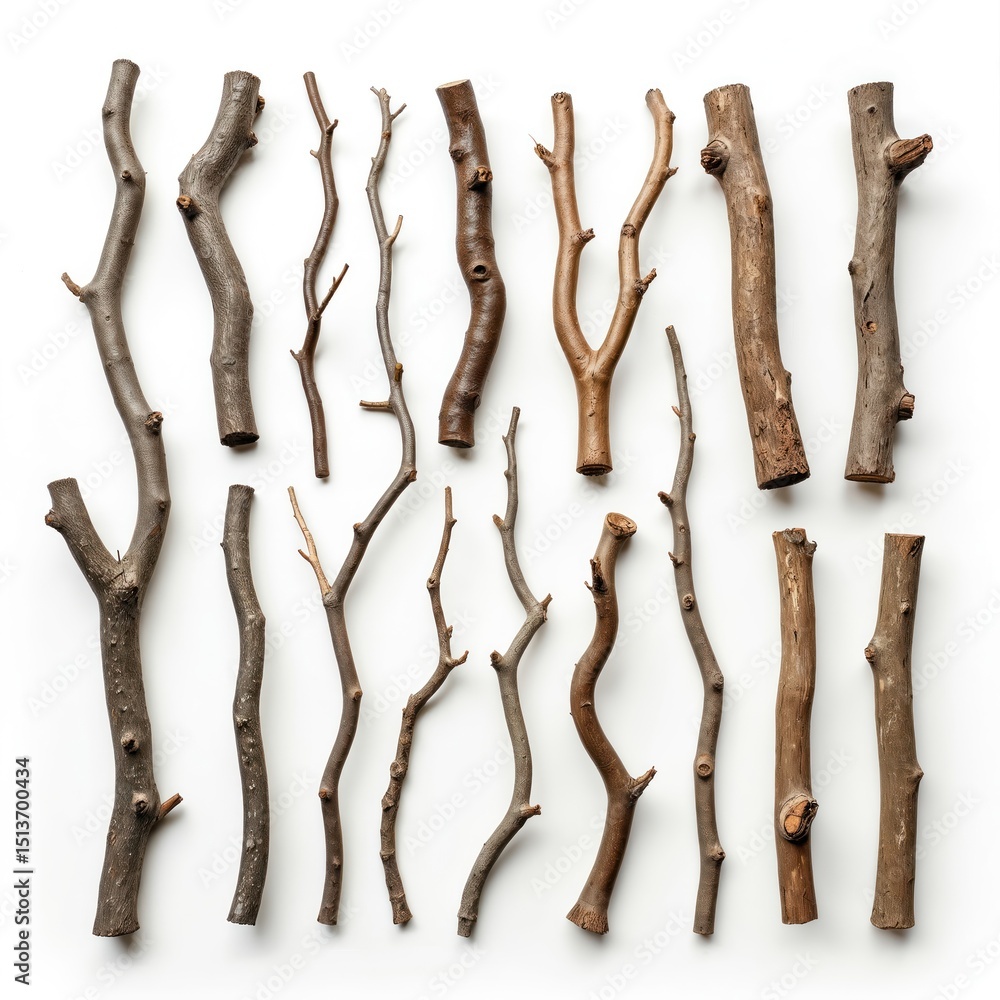 Poster collection of isolated natural tree branches and twigs on white background. set of various wooden el