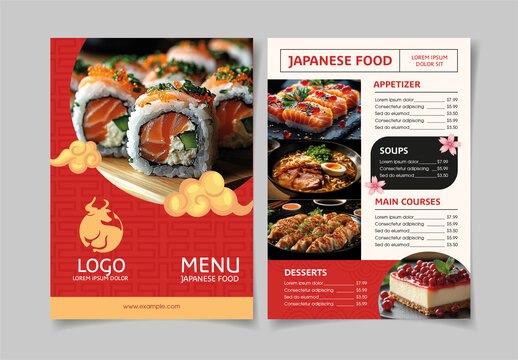 Red And Gold Japanese Sushi Ramen Gyoza Dessert Menu Template

