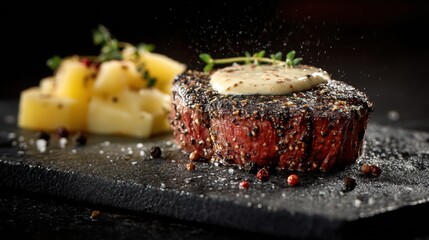 Juicy and tender grilled steak topped with herb butter served with fresh potato salad on dark cutting board for gourmet dinner or special occasion meal presentation