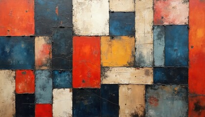 Abstract artwork utilizing recycled materials. Composition of multi-colored rectangles diverse voices. Conceptual design emphasizes environmental consciousness. Modern art for eco-conscious people.