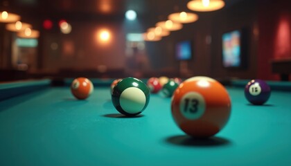 Billiard game with balls on table. Orange 13 ball in focus. Green felt table, pool balls of different colors, numbers. Sport, fun, game of skill and accuracy.