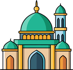 Traditional green mosque with minarets in festive cartoon design