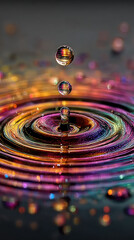 Droplets creating ripple patterns on colorful surface, showcasing vibrant hues and reflections. scene evokes sense of tranquility and beauty in nature