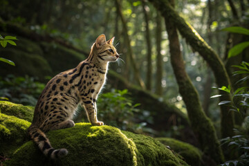 Obraz premium Serval Cat Sitting on Mossy Rock in Forest with Sunlight Filtering Through Trees