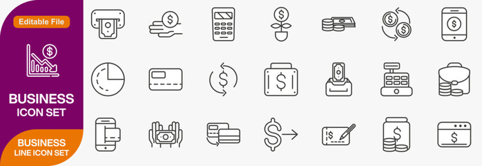 Business icons set with team, stats, briefcase, portfolio, profit, analysis, coordination, international, collaboration, insurance icon. Simple line vector