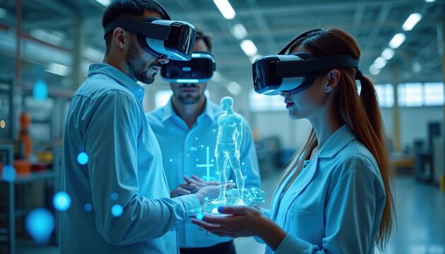 Futuristic VR collaboration. Man woman wearing virtual reality headsets, interacting with holographic 3D model in modern industrial setting. Tech engineers work in workshop, progress development. New