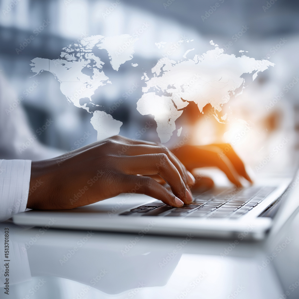 Poster hands typing on a laptop with a world map overlay in a modern office setting