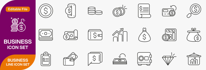 Business icons set with team, stats, briefcase, portfolio, profit, analysis, coordination, international, collaboration, insurance icon. Simple line vector