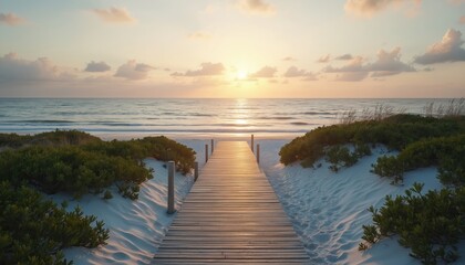 Wooden boardwalk leads to white sand beach and ocean water at sunset. Green shrubs on sides. Peaceful atmosphere, inspiring travel vacation. Romantic mood, empty space, golden hour at seaside.