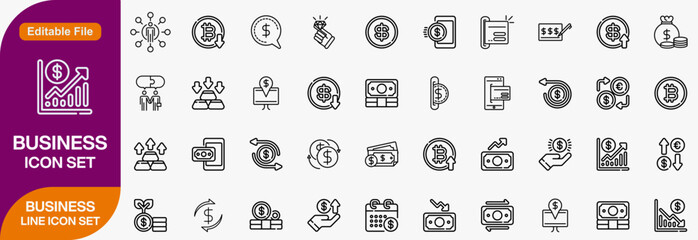 Business icons set with team, stats, briefcase, portfolio, profit, analysis, coordination, international, collaboration, insurance icon. Simple line vector