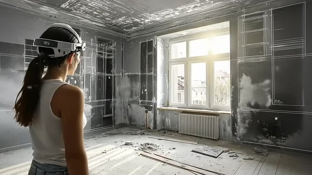 Young woman wearing VR headset in a partially renovated room with sunlight streaming through the window