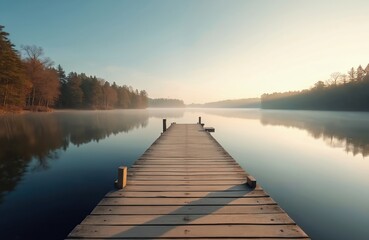 Obraz premium Wooden pier extends calm lake water. Green forest trees in background reflected in water. Calm, peaceful morning scene. Fog, mist creates tranquil, serene atmosphere. Scenic nature landscape, travel.