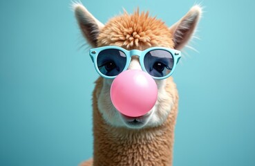Fototapeta premium Portrait alpaca blowing pink bubble gum wearing pastel blue glasses. Set against solid pastel blue background. Stylish trendy print poster for kids. Cute playful animal, joyful design for modern