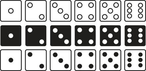 Game dice. Set of Ludo game dice collection. Dice in a line and flat design from one to six. monochrome dices Vector illustration