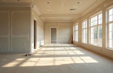 Interior new home construction, drywall finish. Empty room with natural sunlight from windows. Residential apartment design under repair, renovation work in progress. Architecture with construction