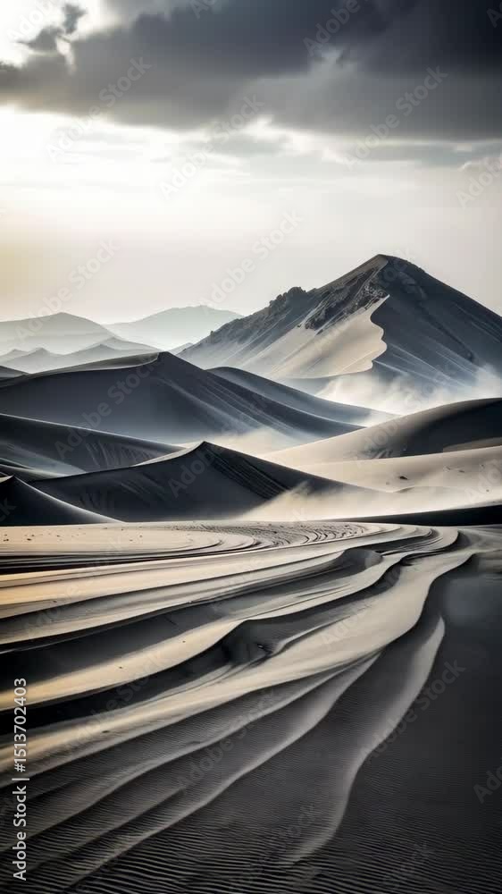 Poster Dramatic sand dunes stretch across the desert landscape under a cloudy sky, featuring stark shadows and windswept sand creating textured patterns.
