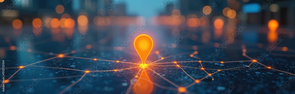 Poster GPS navigation location pin on digital map. Orange location marker with network connections, AI tech concept for delivery service, automated transport, future logistics.