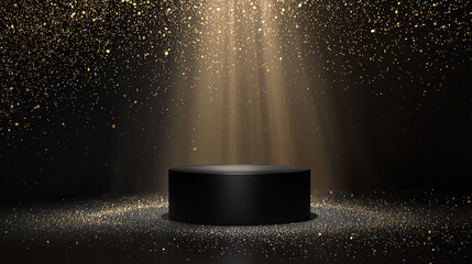Elegant black podium with golden glitter spotlight for product presentation