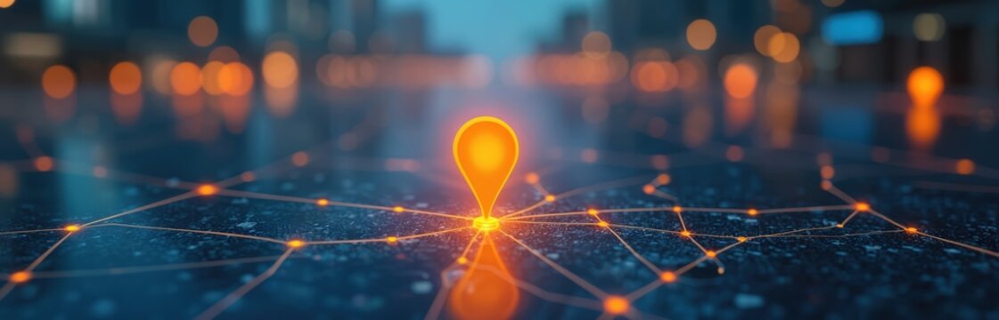 GPS navigation location pin on digital map. Orange location marker with network connections, AI tech concept for delivery service, automated transport, future logistics.