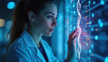 Female medical researcher analyzes digital data, genomic sequence on screen. Using AI algorithms. Scientist in lab coat, touch DNA model. Futuristic tech for personalized medicine, treatment,