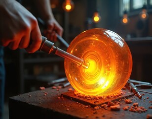 Artisan blows glass, workshop crafting molten glass sphere. Man works with pro tools at glassblowing studio. Crafting handmade glass object. Skillful glassblower shapes hot glass, creating art form.
