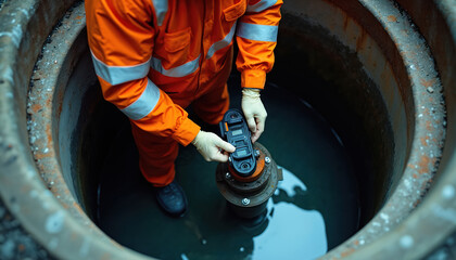 Technician in orange suit inspects drain blockage using camera inspection tool. Underground sewer system, plumber work, water, wastewater, waste management tech. Sewer pipe service.