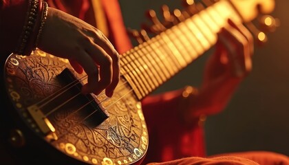 Close-up of sitar being played with warm light. Hand playing sitar strings, intricate woodwork details. Musical instrument performance, Indian culture, tradition. Music lesson, art, cultural events.