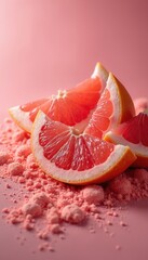 Juicy grapefruit slices arranged on pink powder with fuzzy background. Fresh citruses, vibrant colors create visual effect. Healthy food concept, vitamin C, tropical dessert ingredient. Bright,
