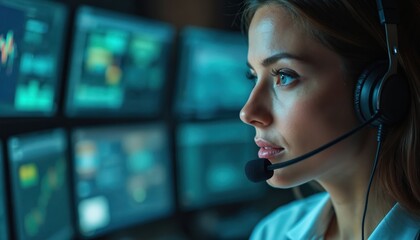 Female dispatcher assists client remotely. Woman wearing headset in office using handsfree equipment, helping customers online. Support service. Customer care operator works, providing technical