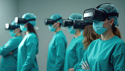 Medical professionals wear VR headsets in training. Doctors, surgeons practice surgery using virtual reality tech. Innovation in medicine, immersive tech. Group of healthcare workers in simulation.