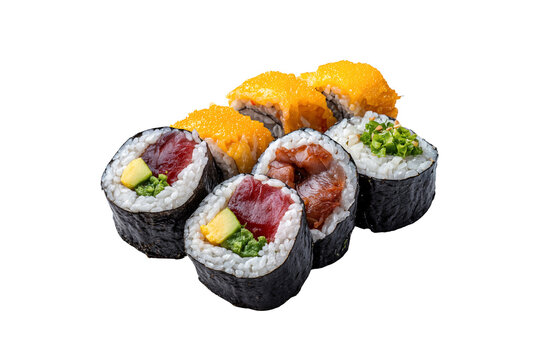 Close-up of assorted sushi rolls with seaweed wrapping, raw fish, rice, and toppings, isolated on transparent background