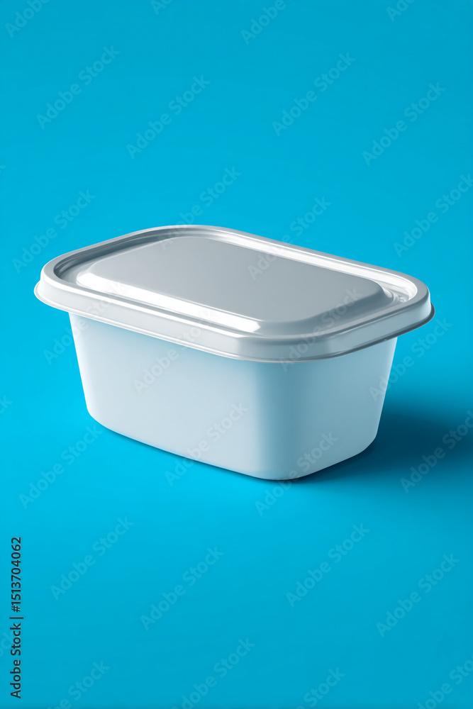 Poster isolated white plastic container with a gray lid on a vibrant blue background in a studio setting
