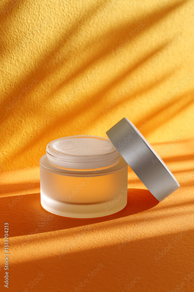 Poster close up of a cosmetic jar with lid resting on a vibrant orange surface with shadow patterns cast be